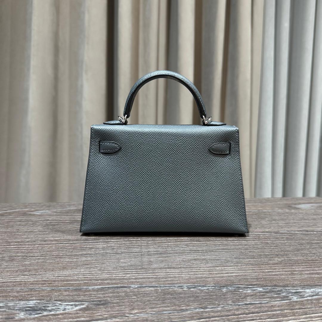 Grigio Hermès Gris Misty Noir Alezan Mini Kelly 20 Tricolore Epsom Permabrass Hardware in vendita