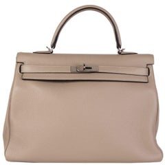 HERMES Gris Tourterelle graue Clemence Leder & Palladium KELLY 35 Retourne Tasche