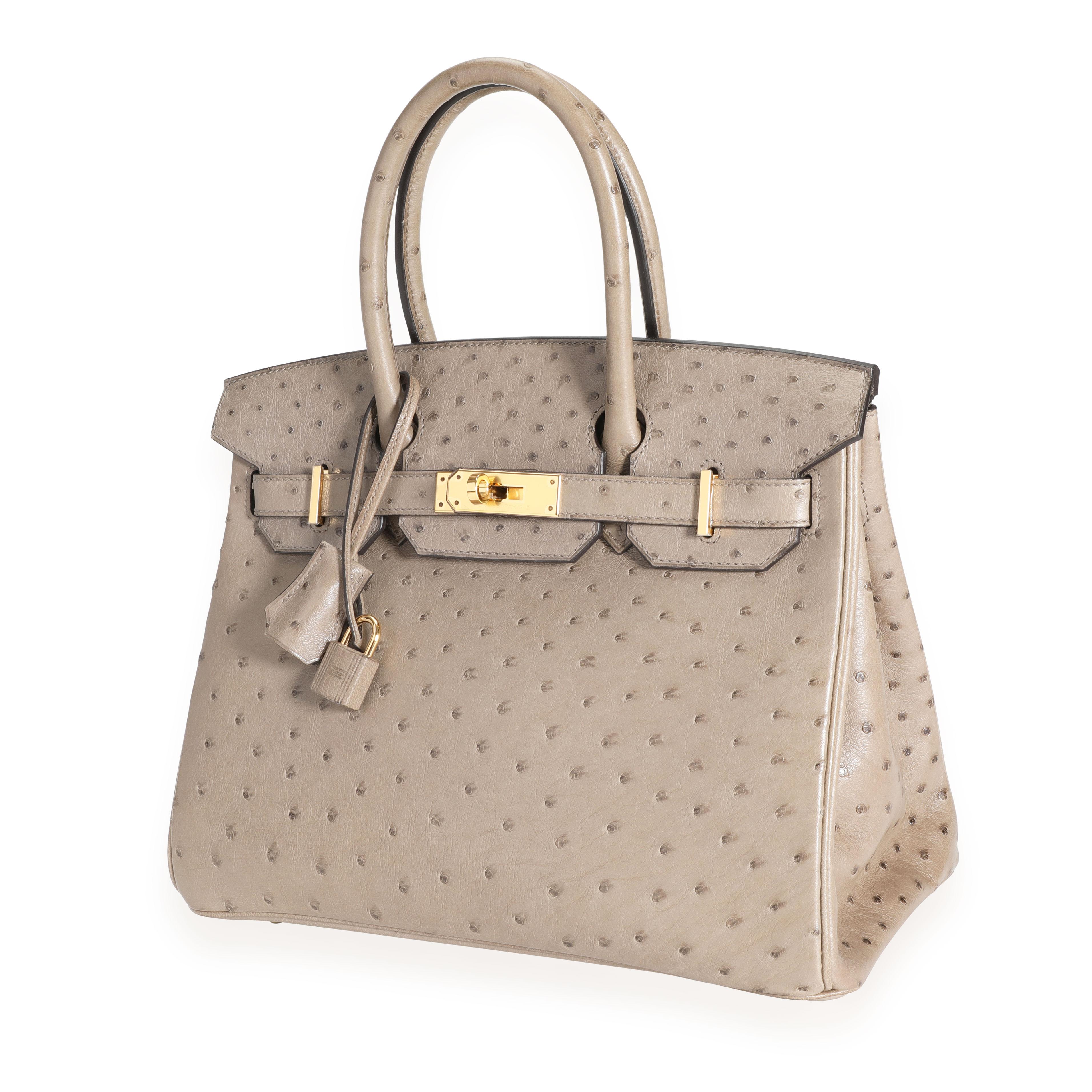Hermès Gris Tourterelle Ostrich Birkin 30 GHW
SKU: 111416
MSRP:  
Condition: Pre-owned (3000)
Condition Description: 
Handbag Condition: Very Good
Condition Comments: Very Good Condition. Plastic on hardware. Darkening to corners. Faint scuffs to