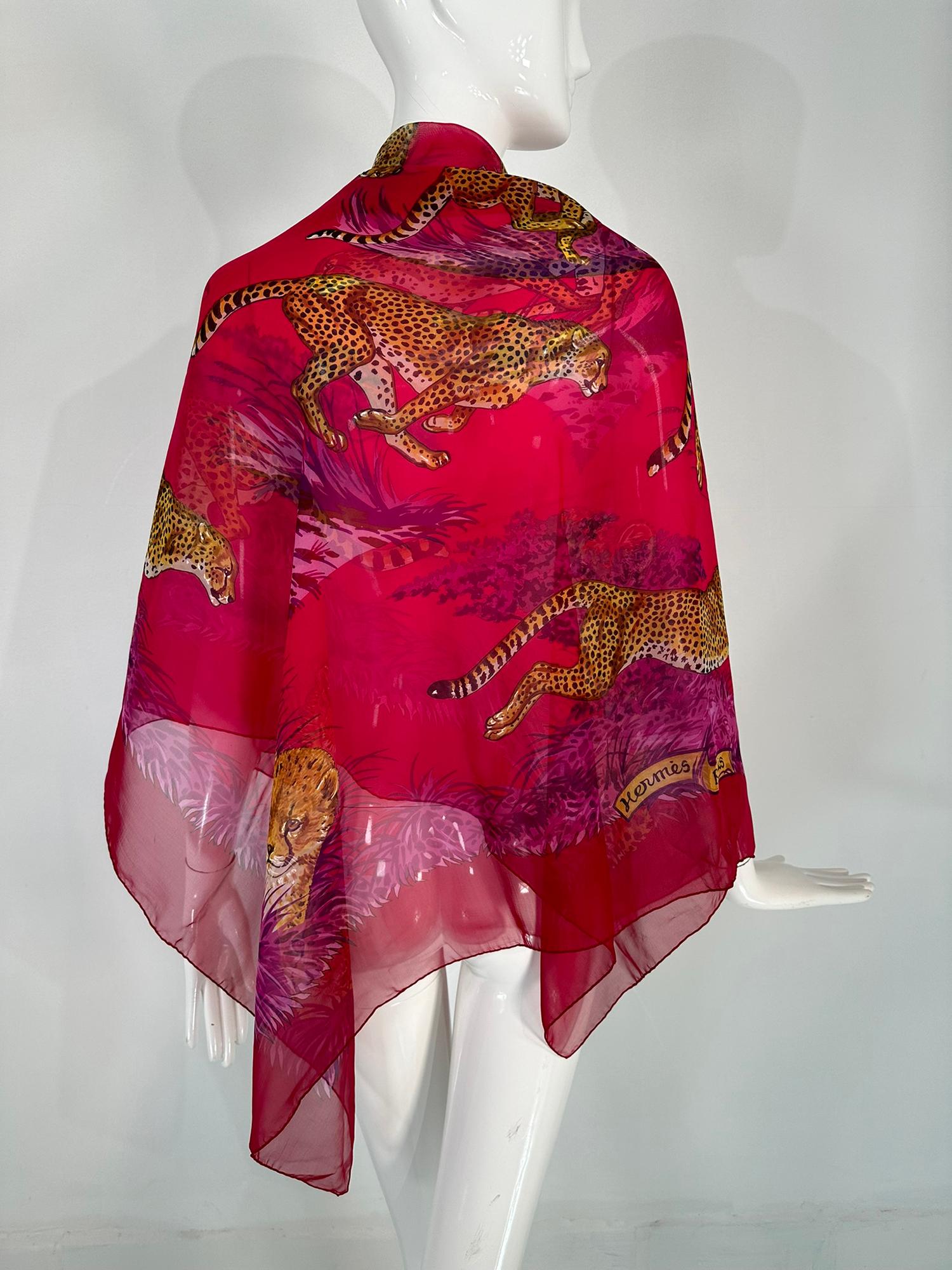 Hermes Guepards GM Silk Mousseline Chiffon Shawl  Designed by Robert Dallet 2007 For Sale 7