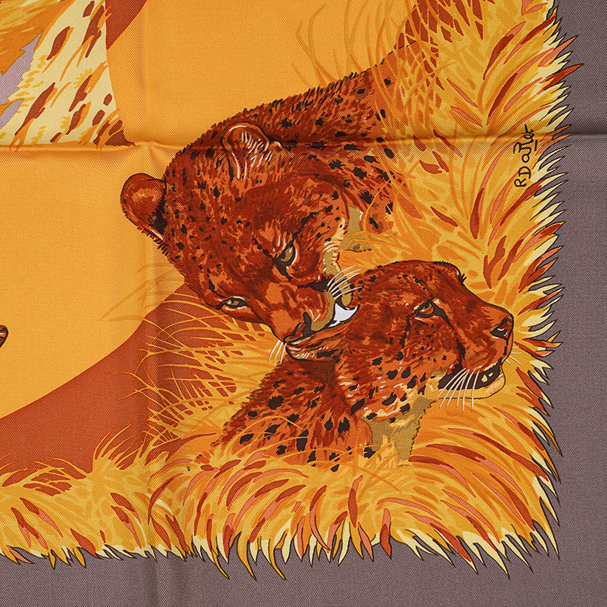 vintage Hermes Guepards scarf designed by Robert Dallet.
Featured in Vieille Or (Old Gold), Taupe and Marron colorway.
Depicts Cheetahs in various poses racing toward the center.
Made in France.
Signature hand rolled edge.
Comes with signature
