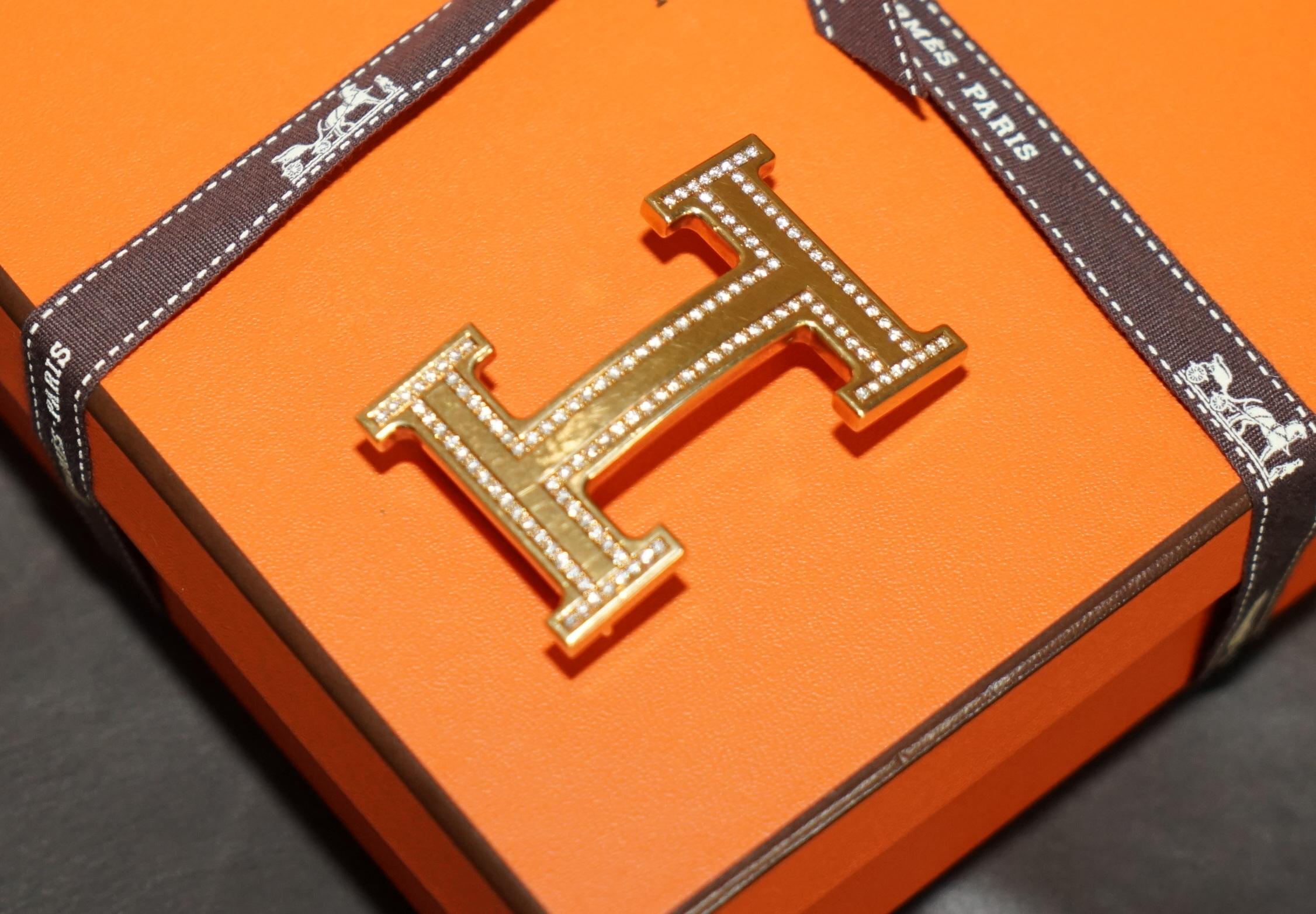 HERMES H 18CT GOLD & DIAMOND EXTRA LARGE BELT BUCKLE ON REVERSIBLE LEATHER BELt For Sale 4