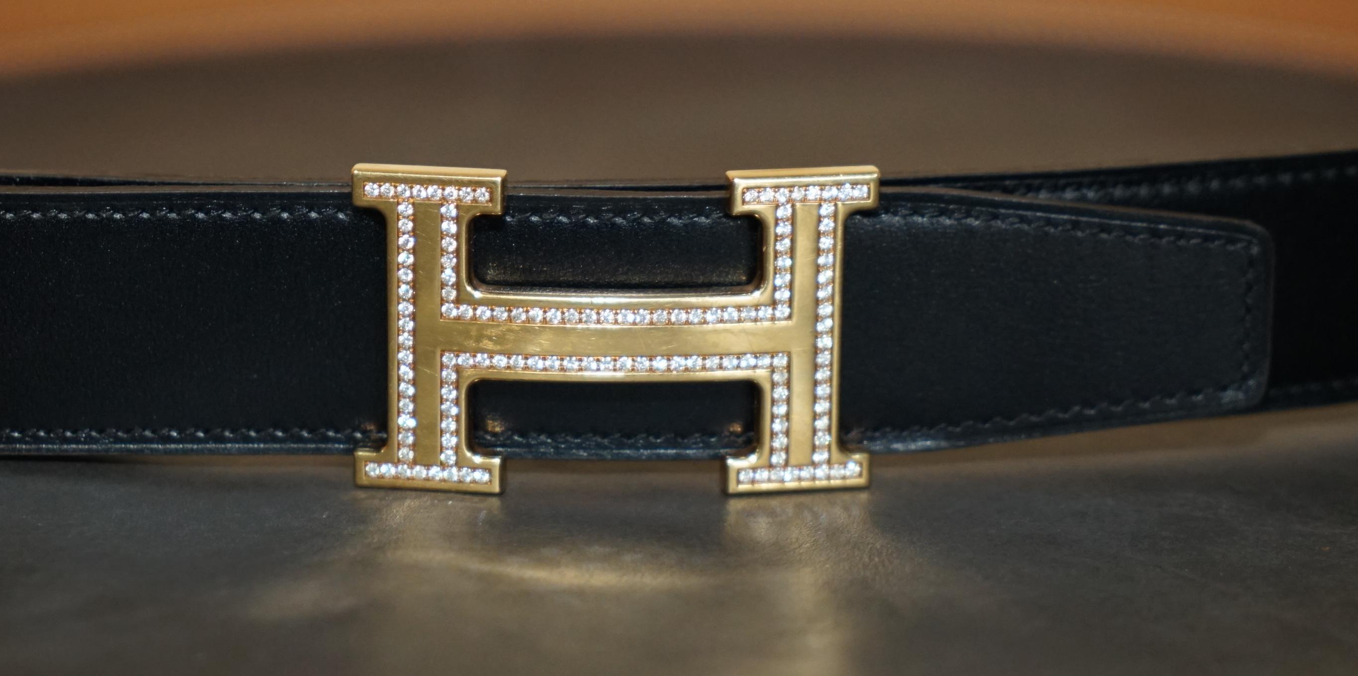 Round Cut HERMES H 18CT GOLD & DIAMOND EXTRA LARGE BELT BUCKLE ON REVERSIBLE LEATHER BELt For Sale