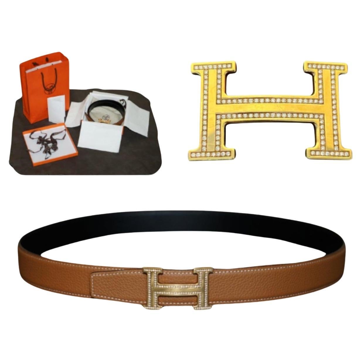 HERMES H 18CT GOLD & DIAMOND EXTRA LARGE BELT BUCKLE ON REVERSIBLE LEATHER BELt For Sale
