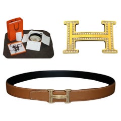 Used HERMES H 18CT GOLD & DIAMOND EXTRA LARGE BELT BUCKLE ON REVERSIBLE LEATHER BELt