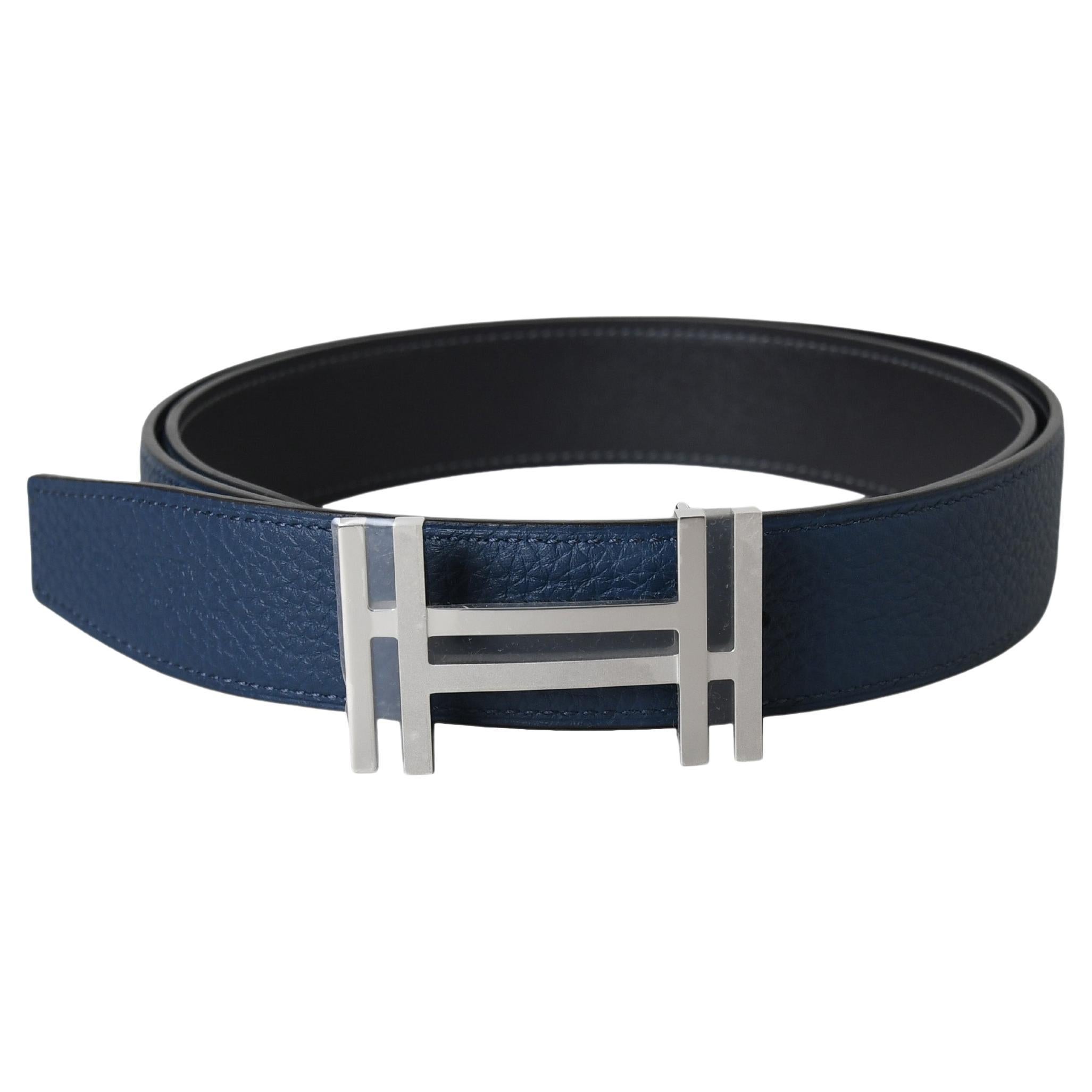 Hermes H Au Carre Belt Buckle & Reversible Leather Strap Silver Blue Black