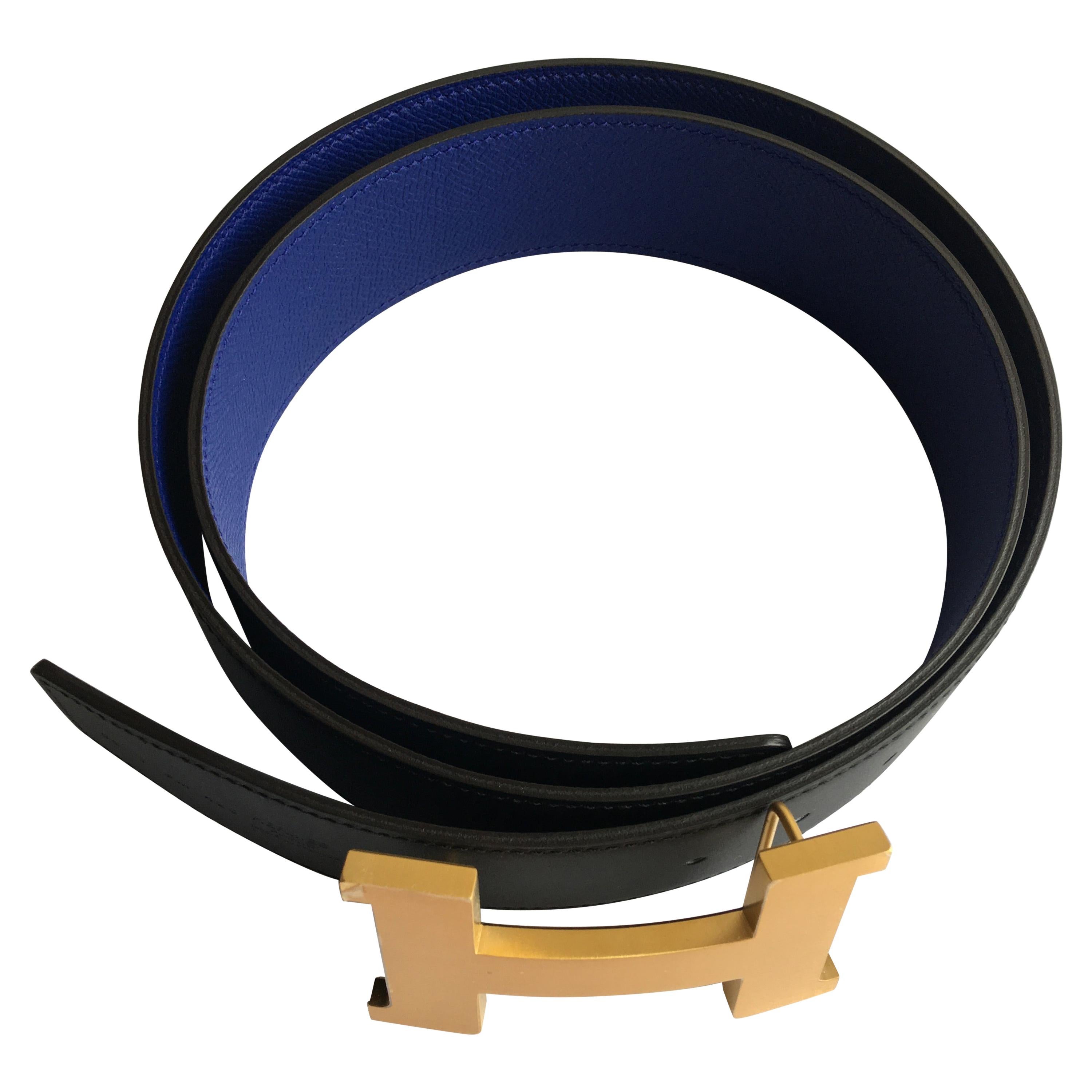 Hermes H Belt in Black and Bleu Electrique. Epsom For Sale