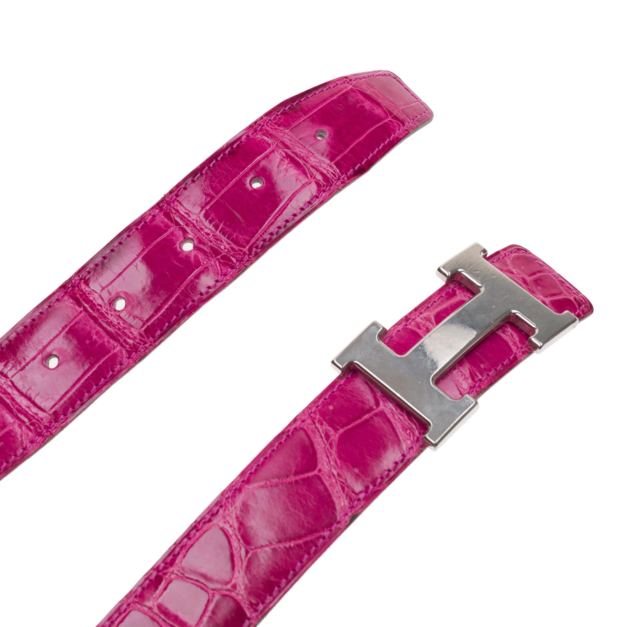 Cintura H. Hermès in coccodrillo poroso fucsia lucido, fibbia PHW in vendita 1