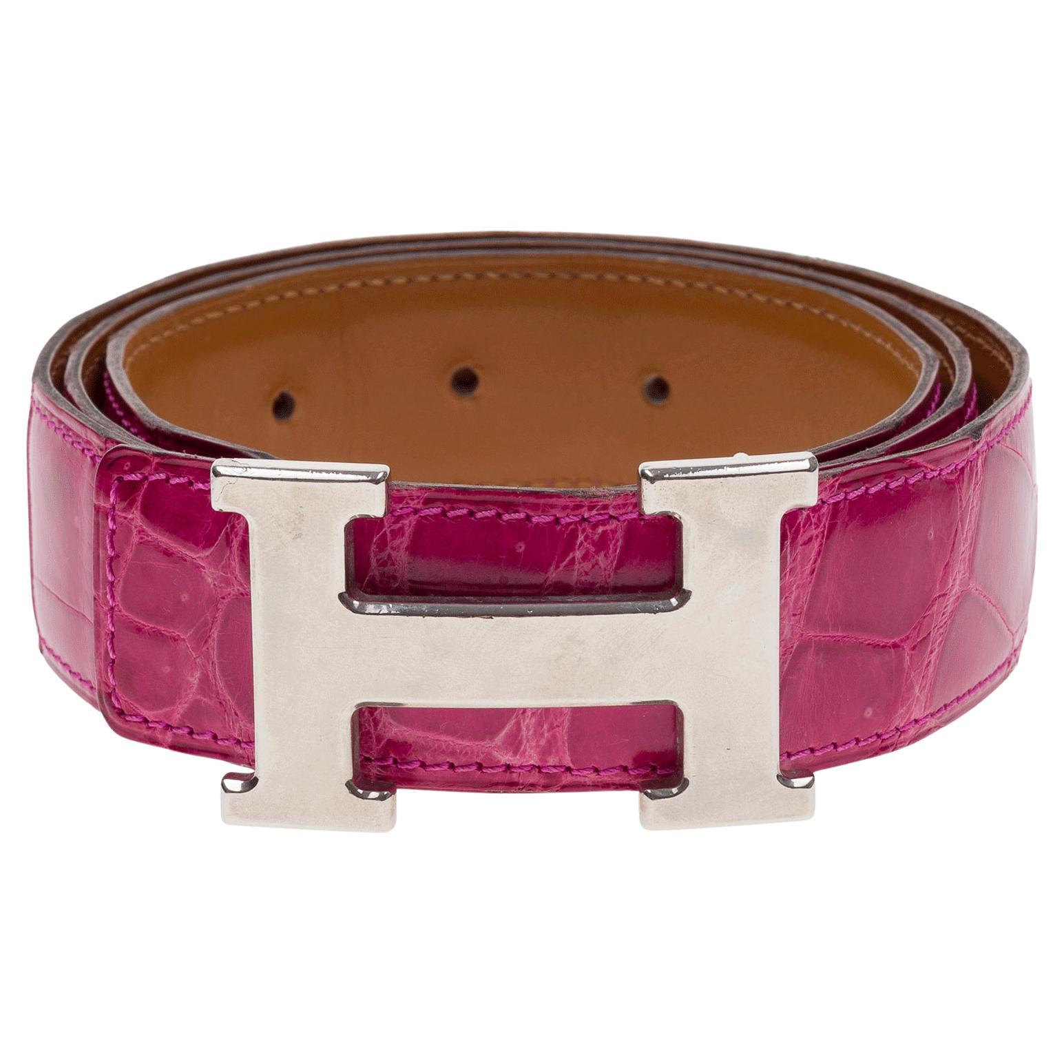 Cintura H. Hermès in coccodrillo poroso fucsia lucido, fibbia PHW in vendita