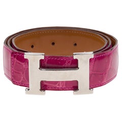 Hermès H belt in shiny Fuchsia Porosus Crocodile, PHW Buckle