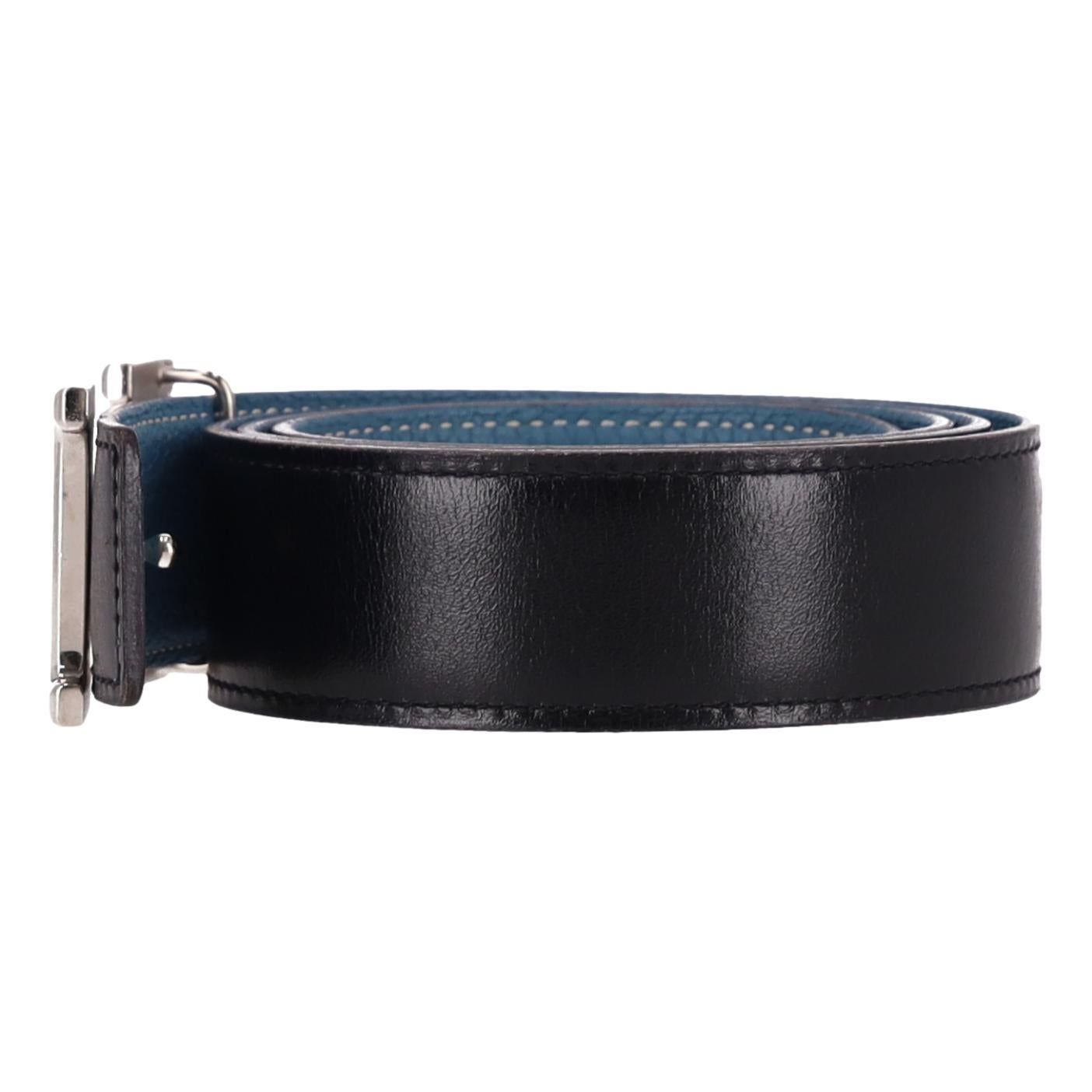 Noir Hermes 'H' Buckle Togo Calfskin Reversible Belt en vente