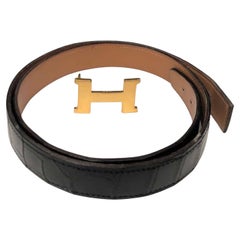 HERMÈS H Crocodile Constance Belt Black Vintage 1990s W/Box