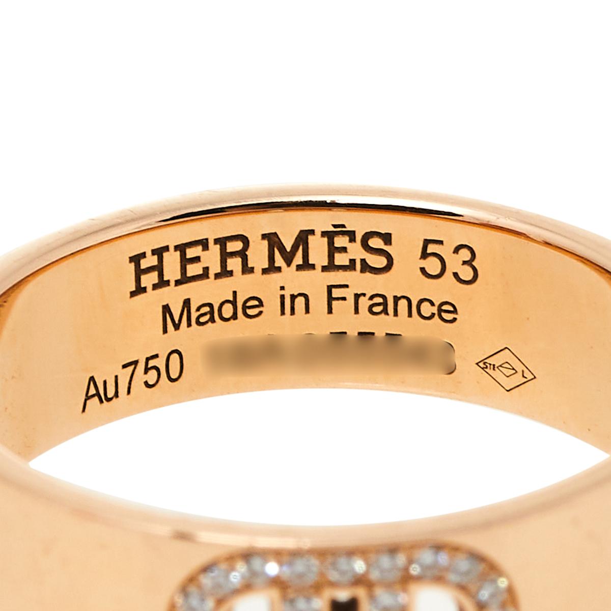 Contemporary Hermès H d'Ancre Diamond 18K Rose Gold Band Ring Size 53