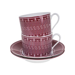 Hermes H Deco Rouge Tea Cup and Saucer Porcelain Set of 2 New w/ Box