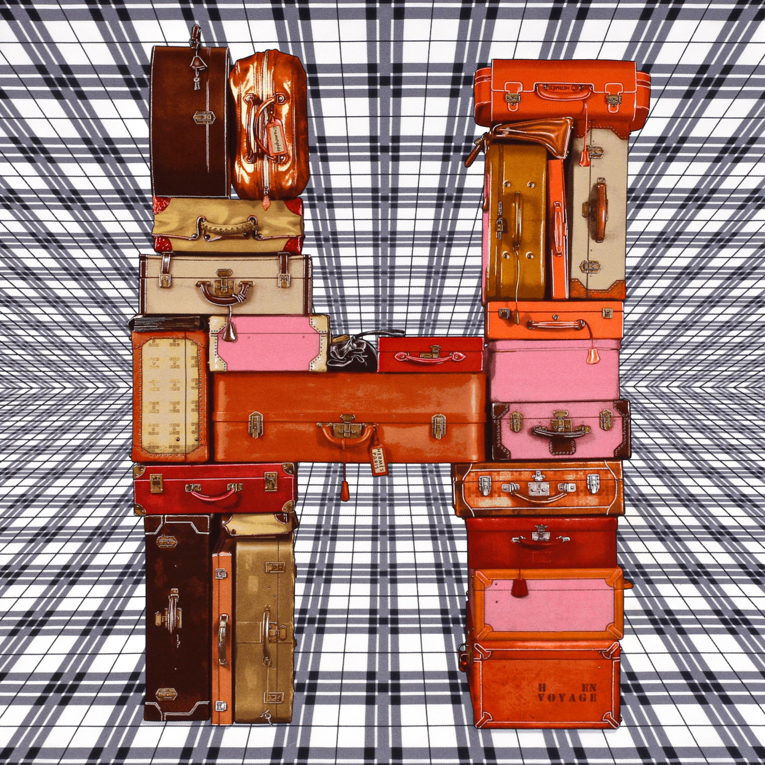 Circa: 2009. Author: Anamorphée. Square shaped scarf / pocket square. Features suitcases/luggage of varied sizes stacked into an iconic 'H' for Hermes. Geometric lines placed in background to render optical illusion and give prominence to H-shape in