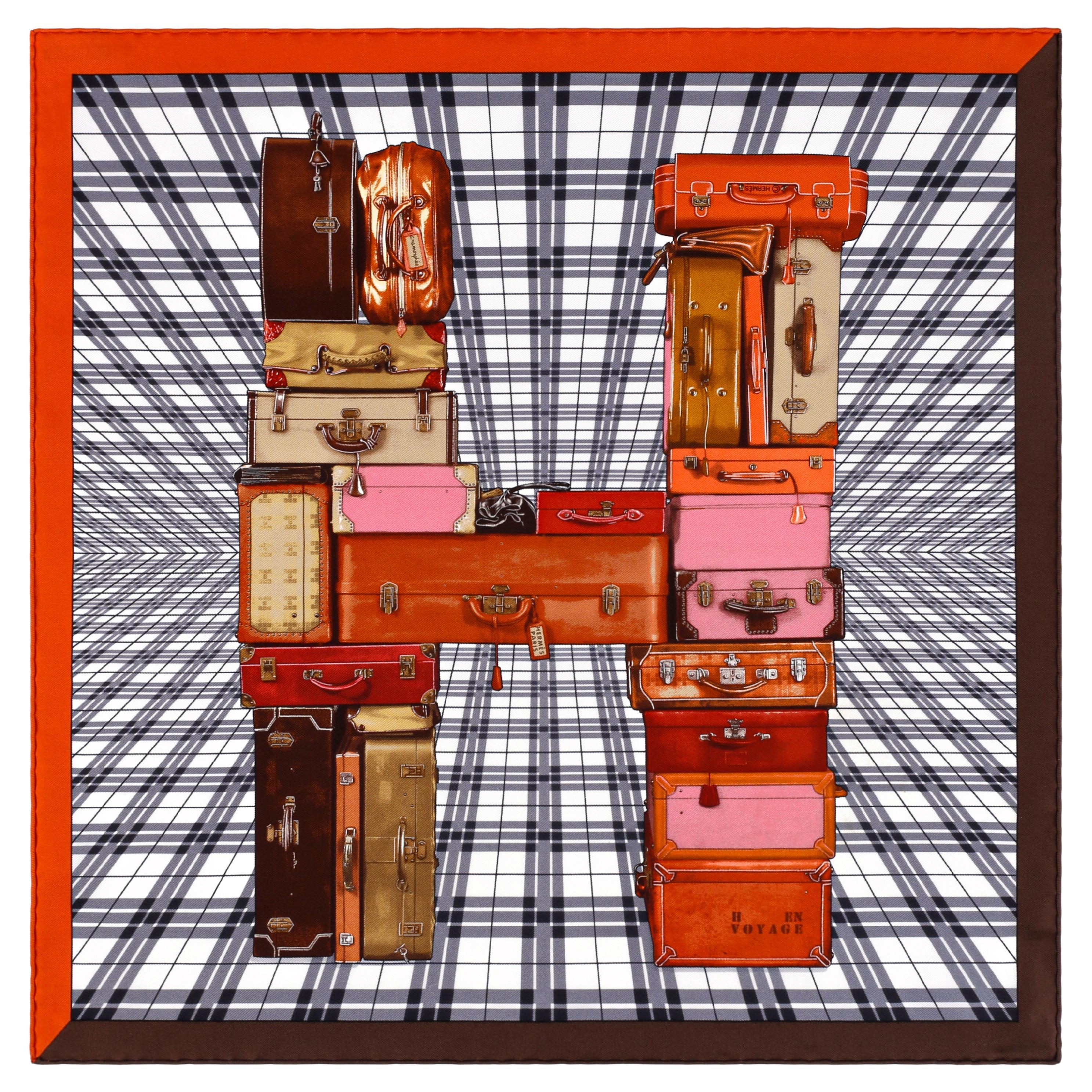 Hermes "H En Voyage" Multicolor Luggage Print 3D Graphic Silk Square Scarf 