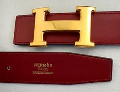 Hermes H Gold Belt Buckle in Red and Black Reversible Leather