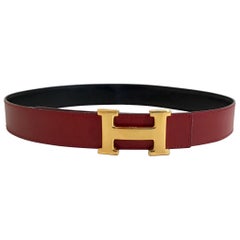Hermes H Gold Belt Buckle in Red and Black Reversible Leather 