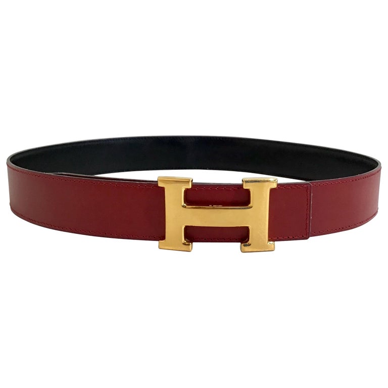 Hermes H Gold Belt Buckle in Red and Black Reversible Leather at 1stDibs