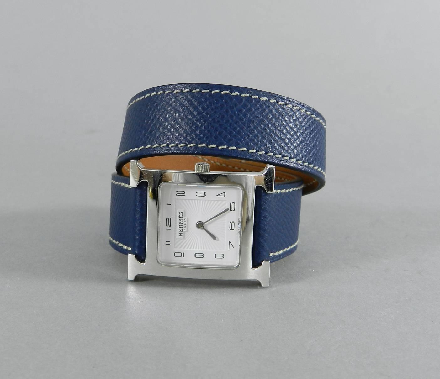 Hermes Stainless steel H Heure Double Tour Medium Epsom Blue quartz Wristwatch 6