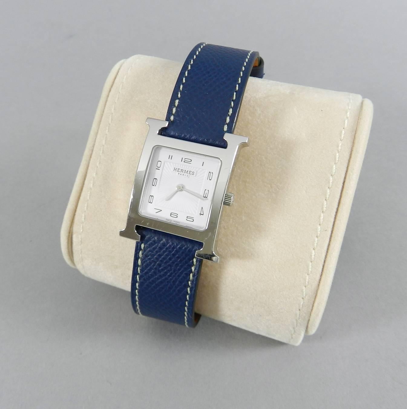 Women's Hermes Stainless steel H Heure Double Tour Medium Epsom Blue quartz Wristwatch
