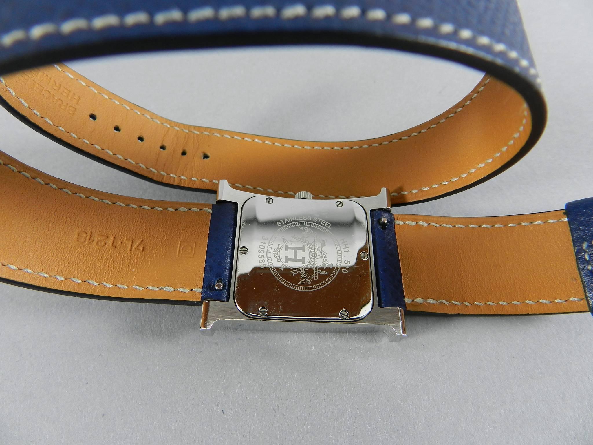 Hermes Stainless steel H Heure Double Tour Medium Epsom Blue quartz Wristwatch 1