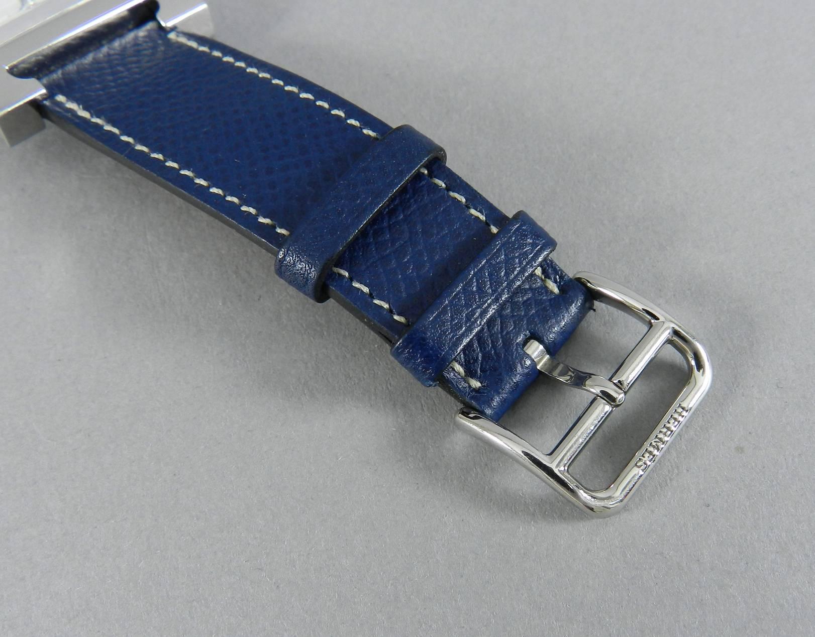 Hermes Stainless steel H Heure Double Tour Medium Epsom Blue quartz Wristwatch 2