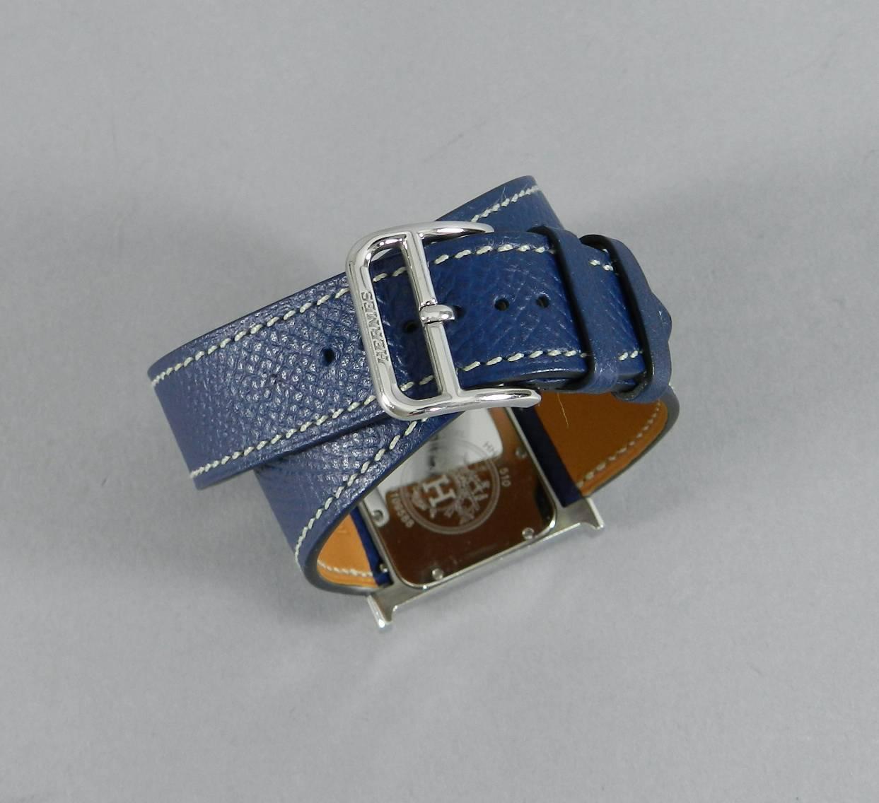 Hermes Stainless steel H Heure Double Tour Medium Epsom Blue quartz Wristwatch 3