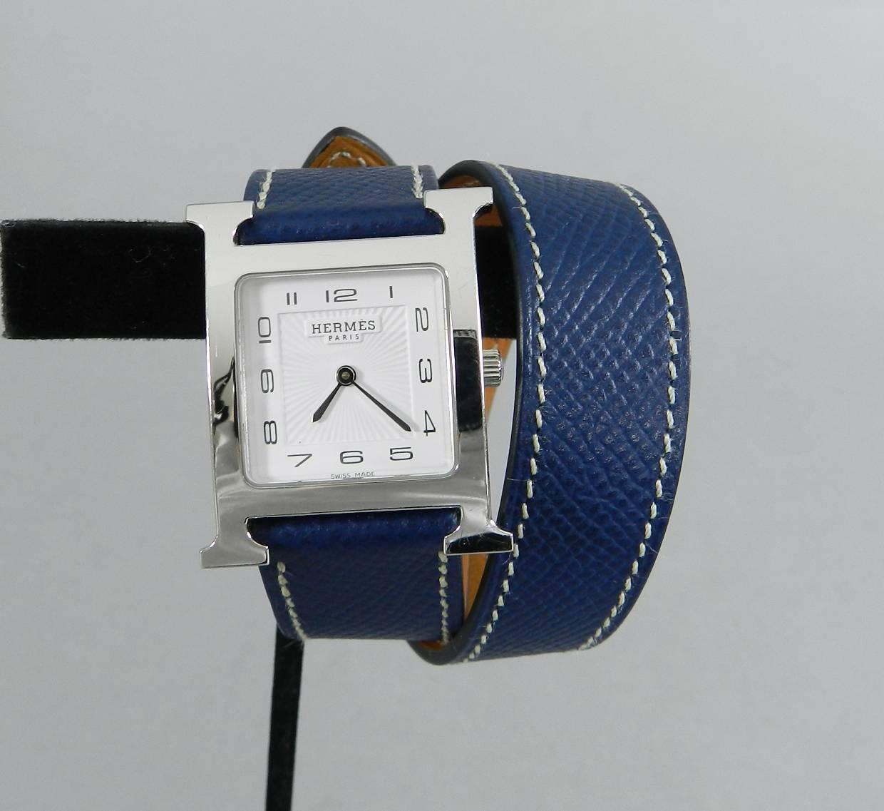 Hermes Stainless steel H Heure Double Tour Medium Epsom Blue quartz Wristwatch 4