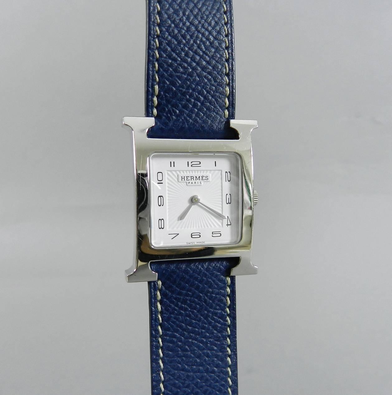 Hermes Stainless steel H Heure Double Tour Medium Epsom Blue quartz Wristwatch 5