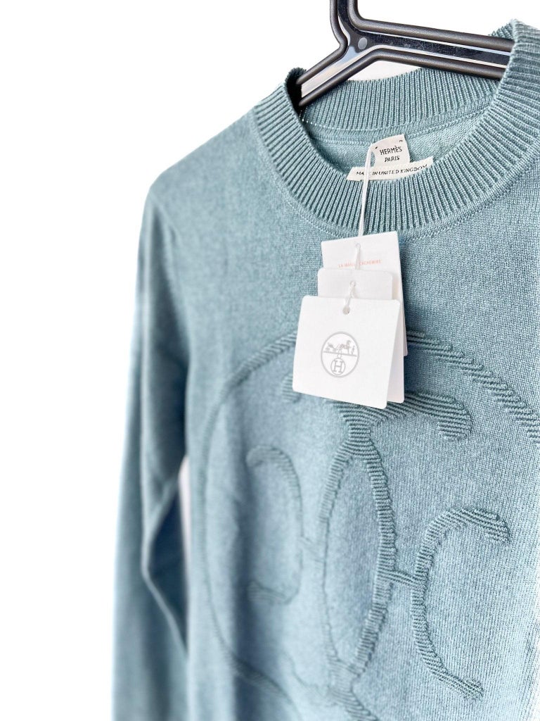 Hermes Men's Blue de Prusse V-Neck 100% Cashmere Wool Sweater L Jacket