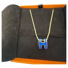 Hermes H Pop Necklace Blue Enamel Gold Pendant Necklace New