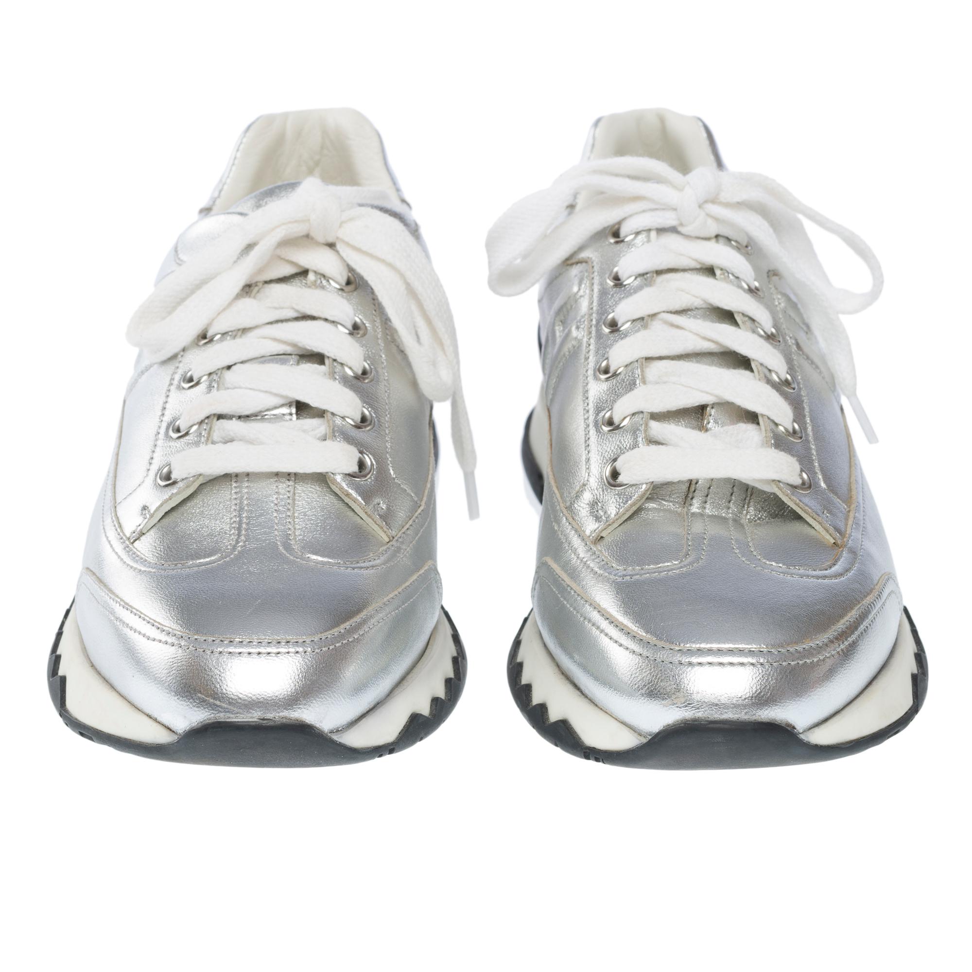 Hermès H Sneakers in silver leather For Sale 6