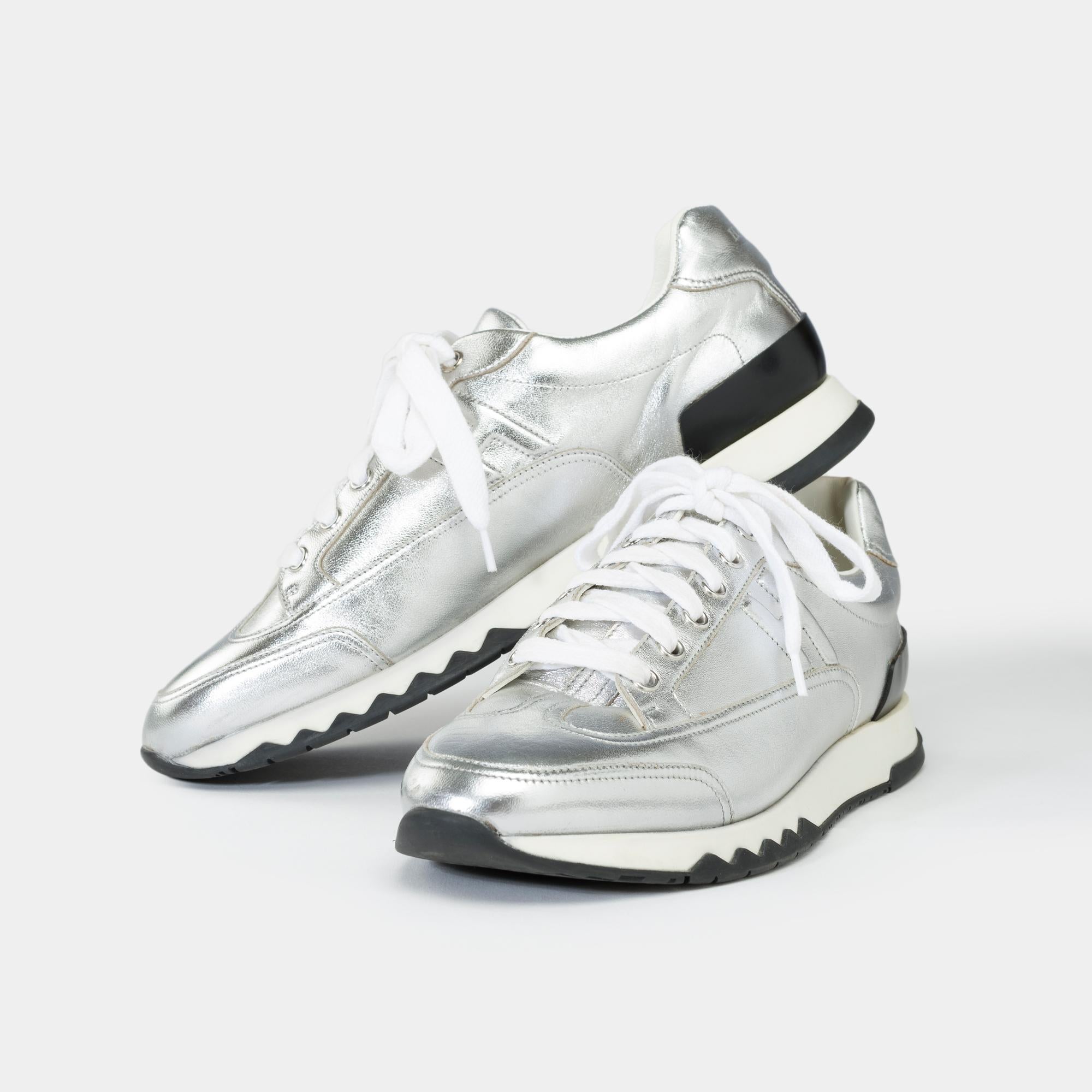 Silver Hermès H Sneakers in silver leather For Sale