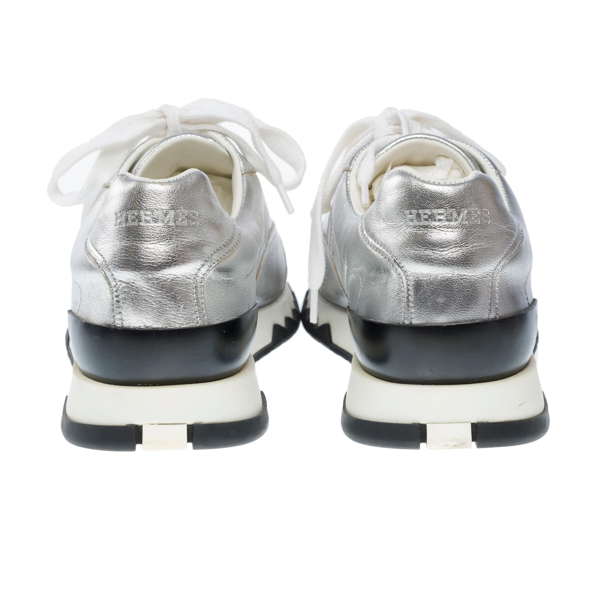 Men's Hermès H Sneakers in silver leather For Sale