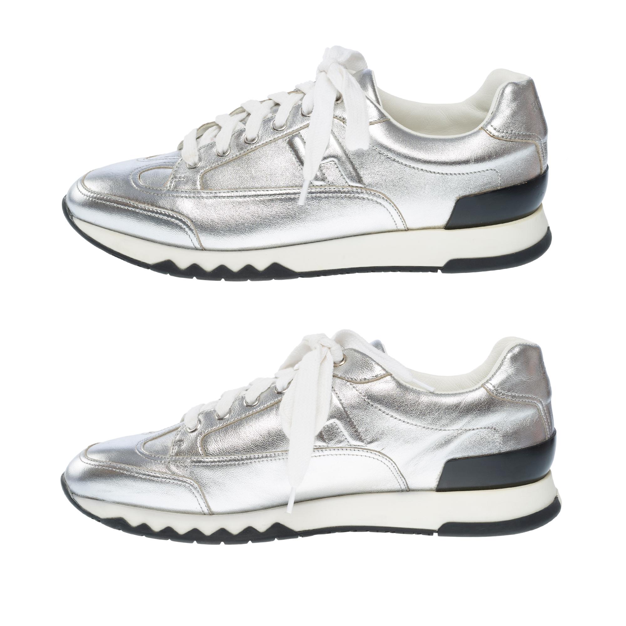 Hermès H Sneakers in silver leather For Sale 1