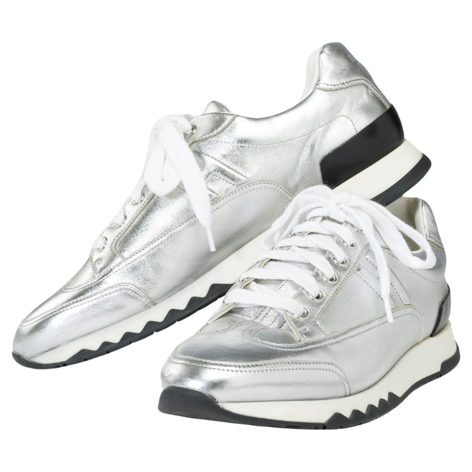 Hermès H Sneakers in silver leather For Sale