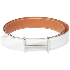 Hermes H stamp wight leather belt with silver hardware