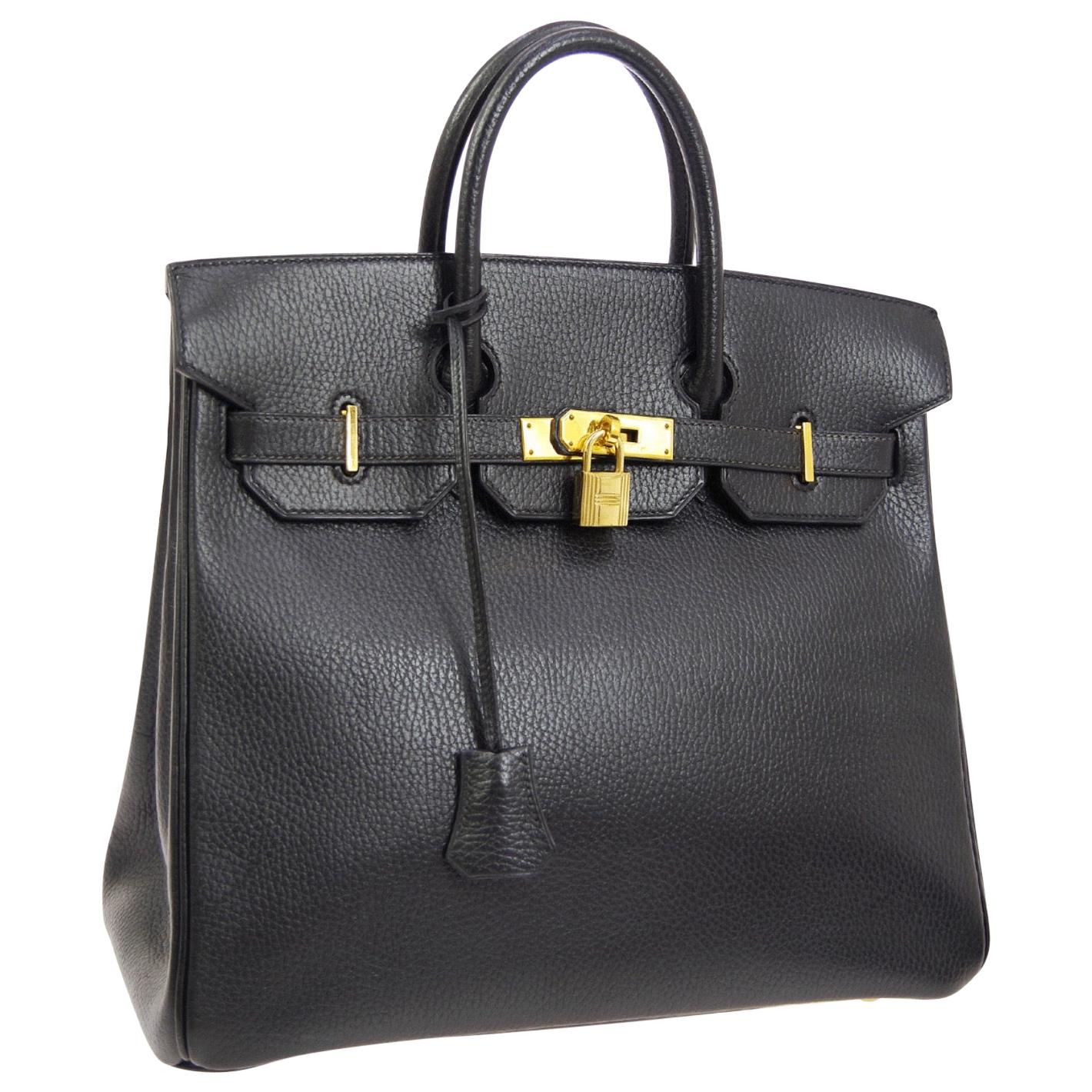 Hermes HAC 32 Black Leather Gold Carryall Travel Top Handle Tote Bag