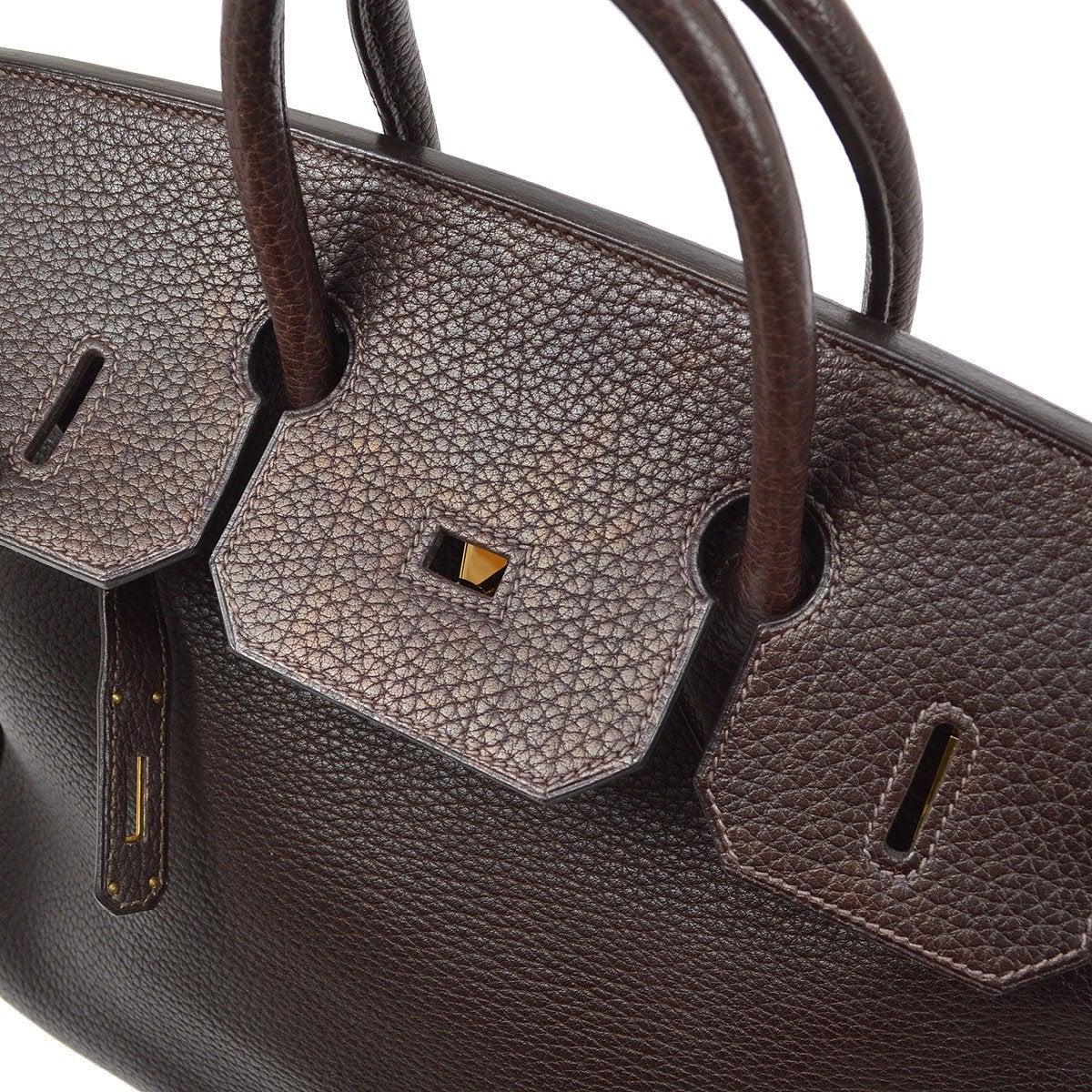 HERMES HAC 32 Schokolade Dunkelbraun Fjord Leder Gold Top Handle Tote Bag (Schwarz) im Angebot