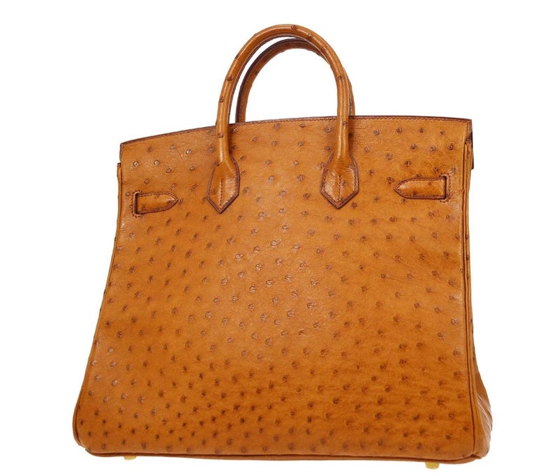 Hermes HAC 32 Cognac Ostrich Exotic Gold Travel Carryall Top Handle Tote Bag In Good Condition In Chicago, IL