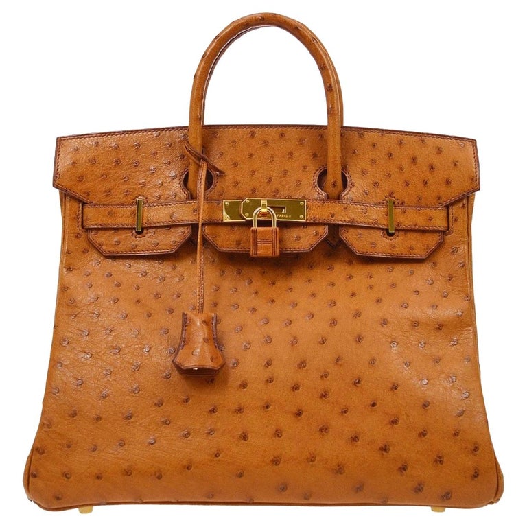 Hermes HAC 32 Cognac Ostrich Exotic Gold Travel Carryall Top Handle Tote Bag