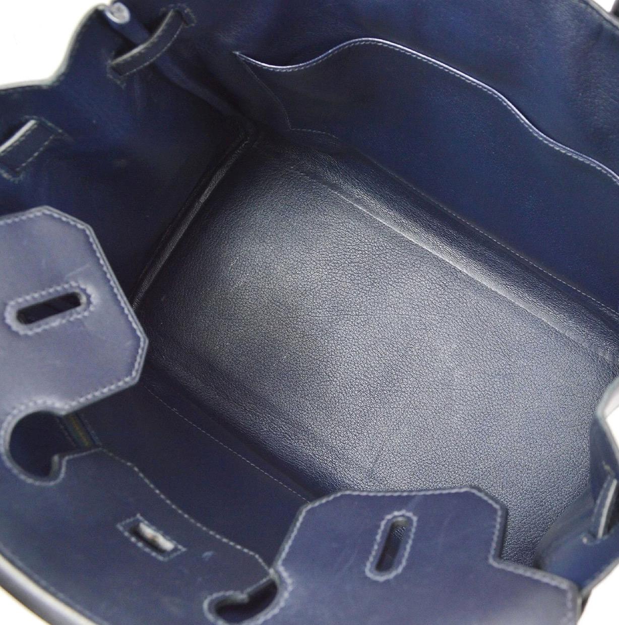 Beige Hermes HAC 32 Dark Blue Navy Leather Canvas Travel Carryall Top Handle Tote Bag For Sale