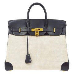 Hermes HAC 32 Dark Blue Navy Leather Canvas Travel Carryall Top Handle Tote Bag