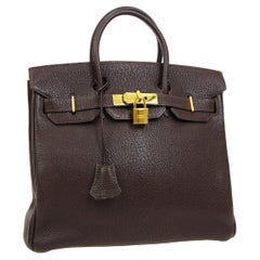 Hermes HAC 32 Dark Chocolate Leather Gold Carryall Travel Top Handle Tote Bag