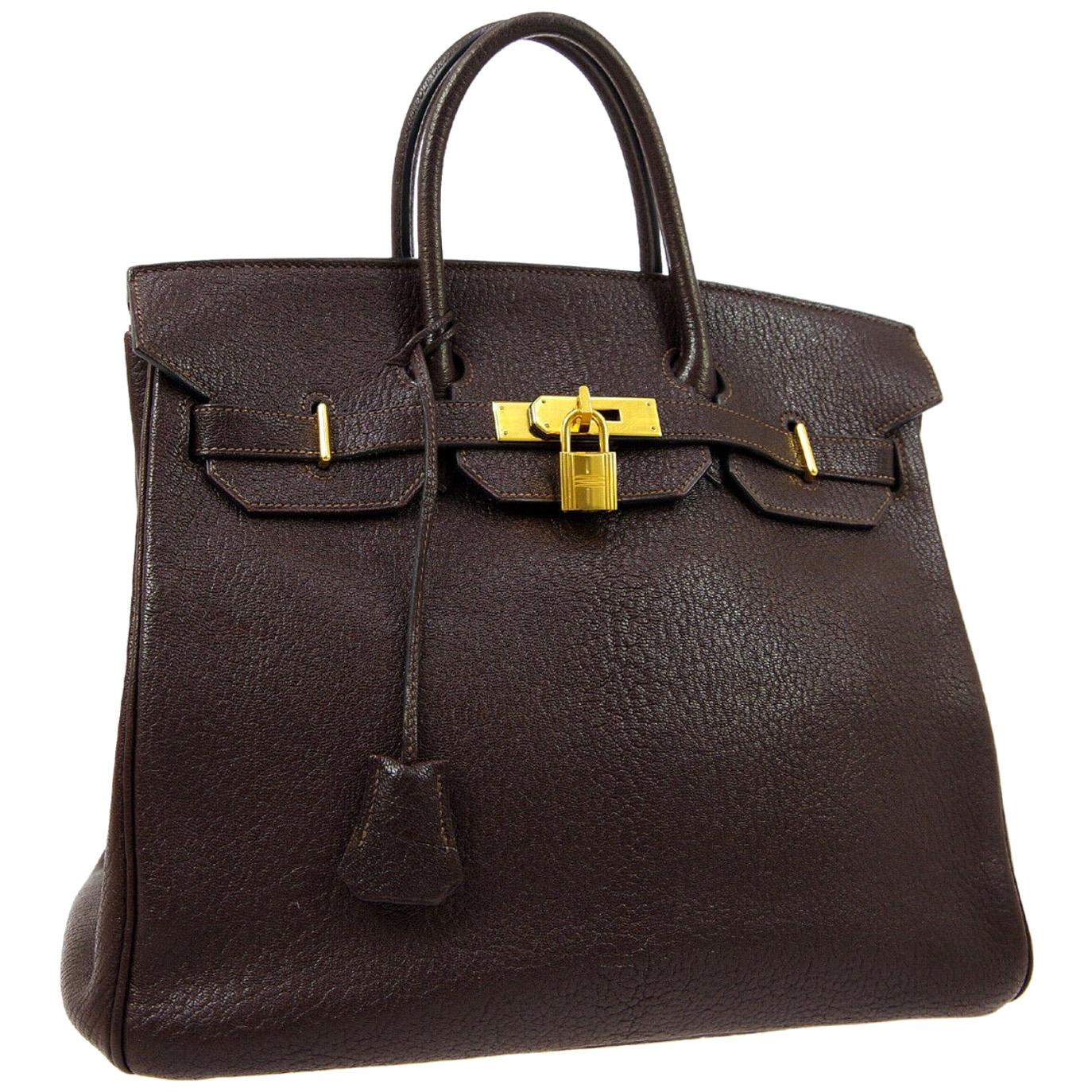 Hermes HAC 32 Dark Chocolate Leather Gold Carryall Travel Top Handle Tote Bag