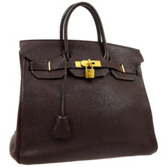 Hermes HAC 32 Dark Chocolate Leather Gold Carryall Travel Top Handle Tote Bag