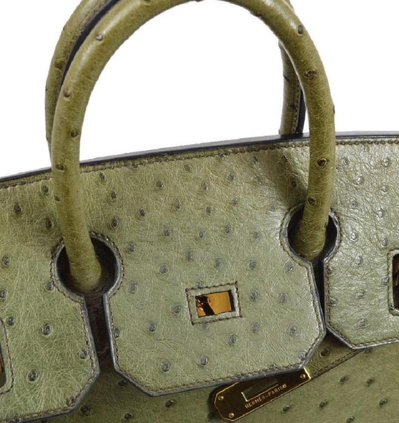 Brown HERMES HAC 32 Green Green Ostrich Exotic Gold Hardware Top Handle Tote Bag