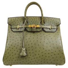 Vintage HERMES HAC 32 Green Green Ostrich Exotic Gold Hardware Top Handle Tote Bag