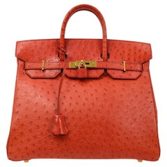 HERMES HAC 32 Red Ostrich Exotic Leather Gold Men's Travel Top Handle Tote Bag